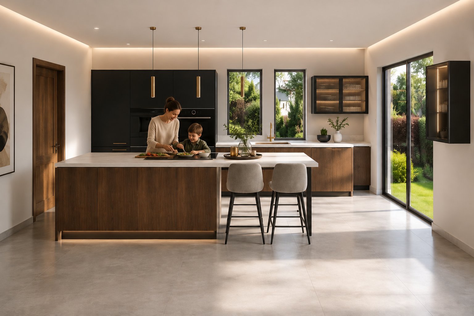 Cuisine MyCuisine en véritable placage bois avec îlot central